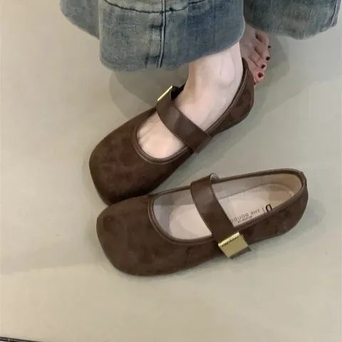 Bailarinas Mary Jane de Gamuza para Mujer Punta Redonda Elegante Correa con Hebilla Color Sólido Zapatos Casuales Versátiles Suaves