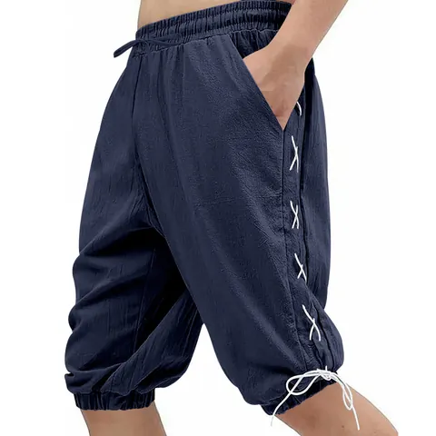 Men's Medieval Viking Lace Up Linen Shorts Summer Casual Retro Renaissance Beach Shorts Loose Pirate Costume Bottoms