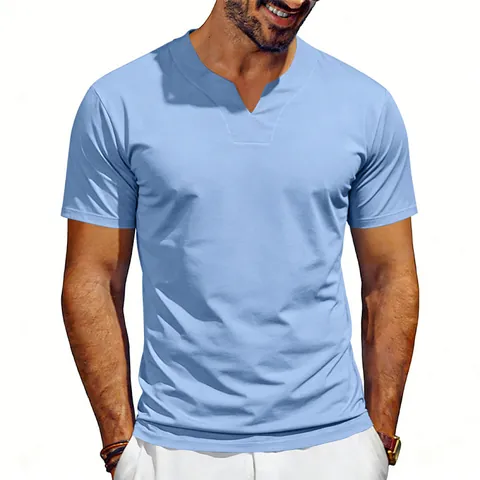 Men's Summer V-Neck Jersey T-Shirt Quick-Dry Breathable Loose Fit Short Sleeve British Gentleman Casual Solid Color Tee Top