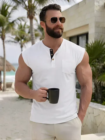 Men's Summer Casual Sleeveless Henley T-Shirt Polyester Rayon Slim Fit Tank Top With Pocket Sport Vest Breathable Gym Top