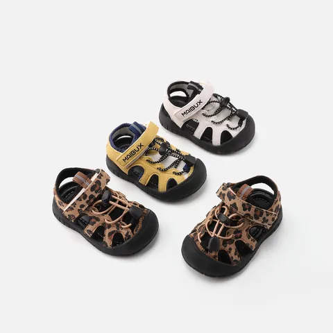 Toddler Kids Outdoor Non-Slip Sports Sandals Microfiber Breathable Closed Toe Beach Shoes Boys Girls Leopard Beige Yellow