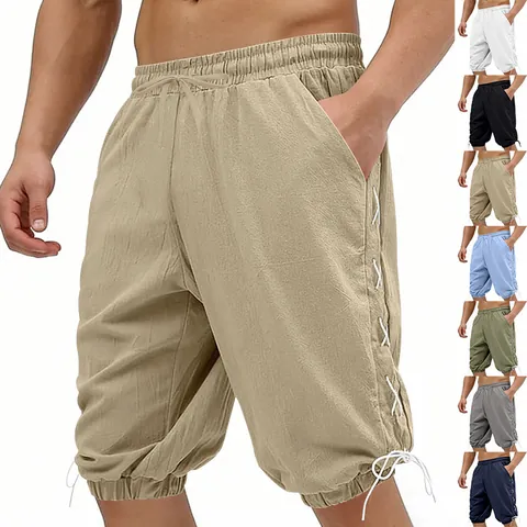 Men's Medieval Viking Lace Up Linen Shorts Summer Casual Retro Renaissance Beach Shorts Loose Pirate Costume Bottoms