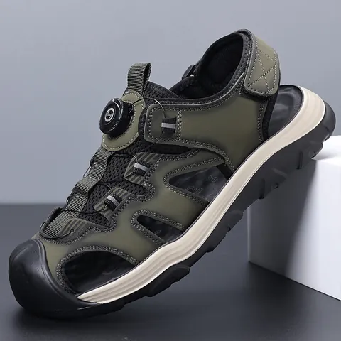 Men's Outdoor Sport Sandals Breathable Microfiber Mesh Closed Toe Beach Shoes With Rotating Buckle Non-Slip Casual Sandals