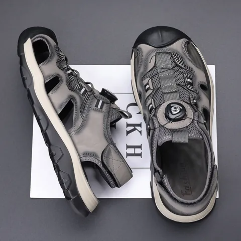 Men's Outdoor Sport Sandals Breathable Microfiber Mesh Closed Toe Beach Shoes With Rotating Buckle Non-Slip Casual Sandals