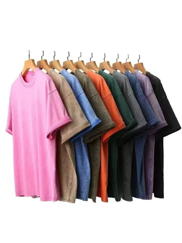 Men Heavyweight Cotton T-Shirt Acid Wash Snow Wash Distressed Oversized Drop Shoulder Casual Streetwear Tee Top