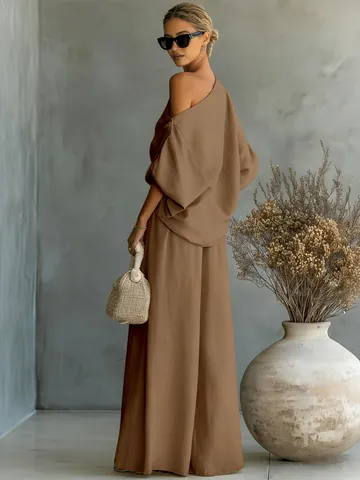 Damen Lässig Polyester Schulterfrei Oberteil und Unterteil Mode Locker Weites Bein Hose Zwei Teile Outfit Täglich