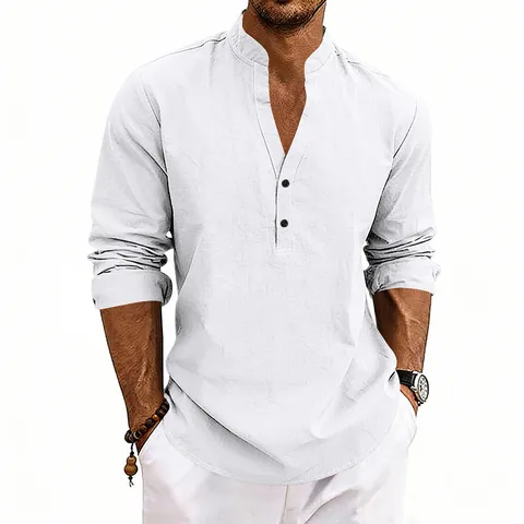 Men's Casual Linen Henley Shirt V-Neck Long Sleeve Breathable Loose Top Smart Casual Spring Summer Clothing