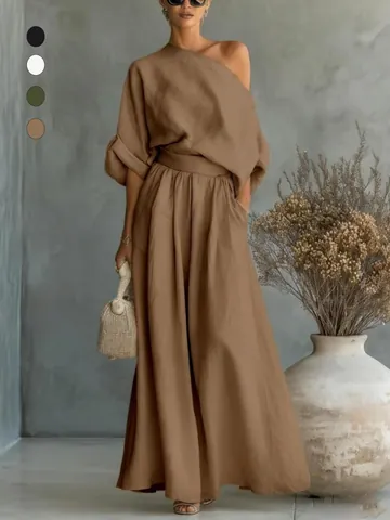 Damen Lässig Polyester Schulterfrei Oberteil und Unterteil Mode Locker Weites Bein Hose Zwei Teile Outfit Täglich