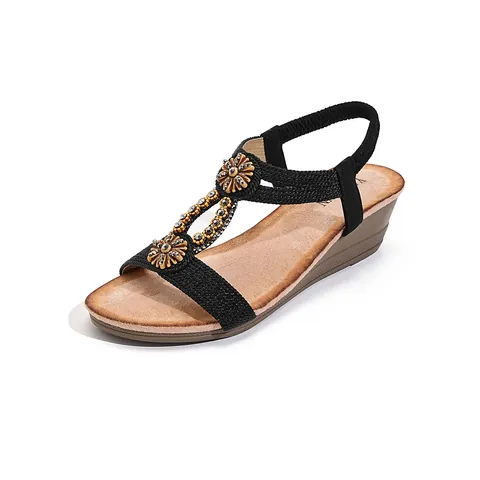 Sandales Compensées Ethniques Bohémiennes pour Femmes Strass Boucle en Bois Sangles Élastiques Confort Chaussures de Plage Été