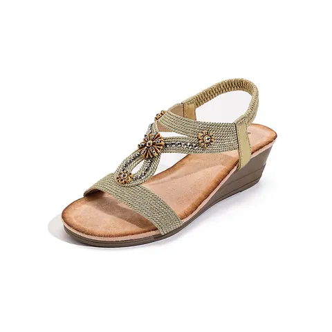 Sandales Compensées Bohémiennes pour Femmes Style Ethnique Fleur en Strass Boucle en Bois Microfibre Bande Élastique Rétro Chaussures de Plage Été