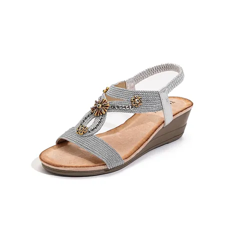 Sandales Compensées Bohémiennes pour Femmes Style Ethnique Fleur en Strass Boucle en Bois Microfibre Bande Élastique Rétro Chaussures de Plage Été