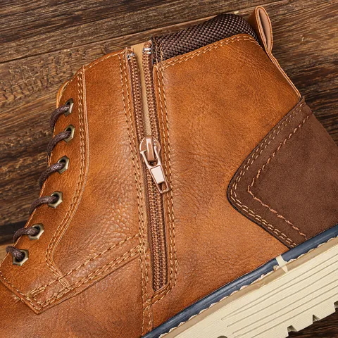 Stivaletti da Uomo in Pelle PU Vintage Invecchiata Casual Stringati con Cerniera Laterale Stivali Antiscivolo Suola in Gomma