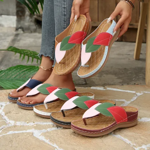 Chancletas de Cuña para Mujer Verano Playa Sandalias Patchwork Decoración de Hojas Bohemio Zapatos de Plataforma Vacaciones Diario
