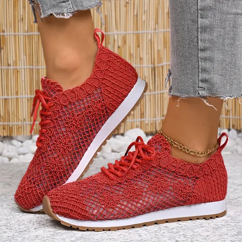 Women Breathable Mesh Sneakers Casual Lace Up Low Top Flat Board Shoes Hollow Out Crochet Knit Plus Size Walking Shoes