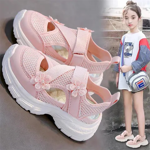 Girls Mesh Sandals Sporty Hollow Out Flower Decor Hook and Loop Soft Sole Summer Breathable Kids Princess Casual Shoes