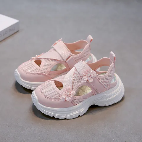 Girls Mesh Sandals Sporty Hollow Out Flower Decor Hook and Loop Soft Sole Summer Breathable Kids Princess Casual Shoes