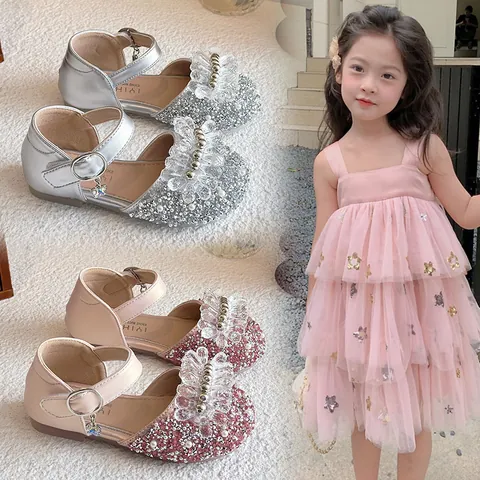 Kids Girls Crystal Princess Shoes Sequin Rhinestone Flower Mary Jane Flats Soft Sole Non-Slip Party Dress Shoes For Children