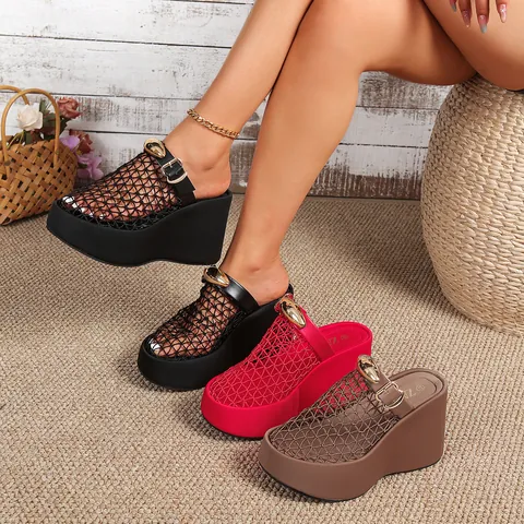 Dames Mesh Opengewerkt Sleehak Slides Hoge Hak Plateau Sandalen Met Metalen Gesp En Strass Ketting Grote Maat Elegante Zomer Slippers
