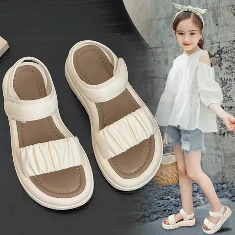 Girls Summer Fashion Sandals 2026 New Kids Ruffled Open Toe Soft Sole Beach Shoes Hook and Loop Princess Sandals For Girls