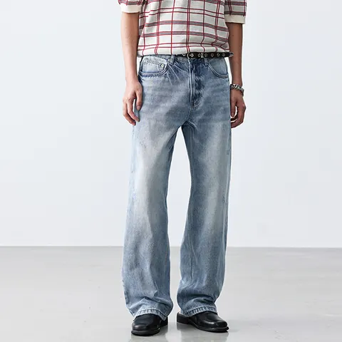 Jeans en Denim Droit Large Bleu Ciel Minimaliste Occidental Lavage Tie-Dye Cleanfit Pantalon Long Homme Rétro Décontracté