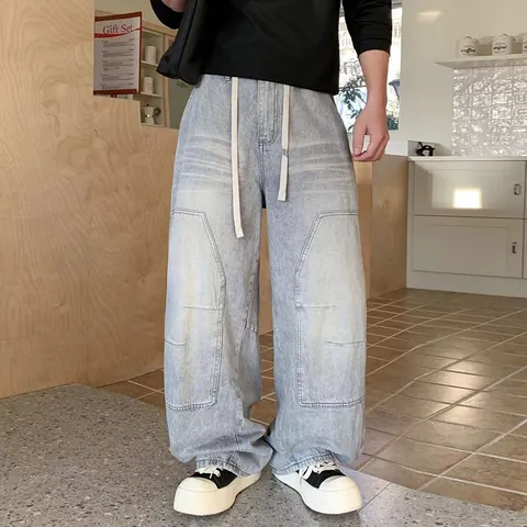 Men American Street Harajuku Washed Whisker Denim Jeans Baggy Straight Leg Carpenter Pants Drawstring Retro Cotton Bottoms