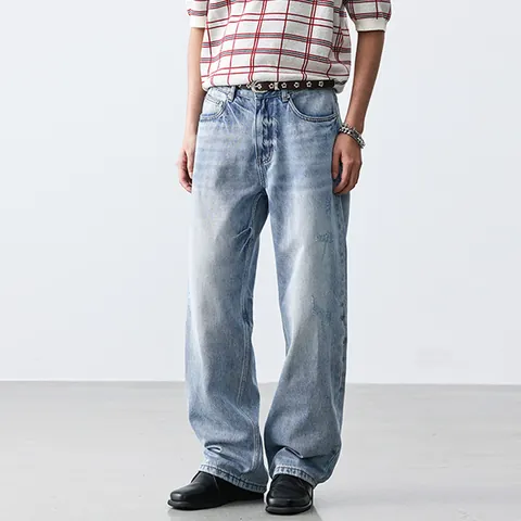 Jeans en Denim Droit Large Bleu Ciel Minimaliste Occidental Lavage Tie-Dye Cleanfit Pantalon Long Homme Rétro Décontracté