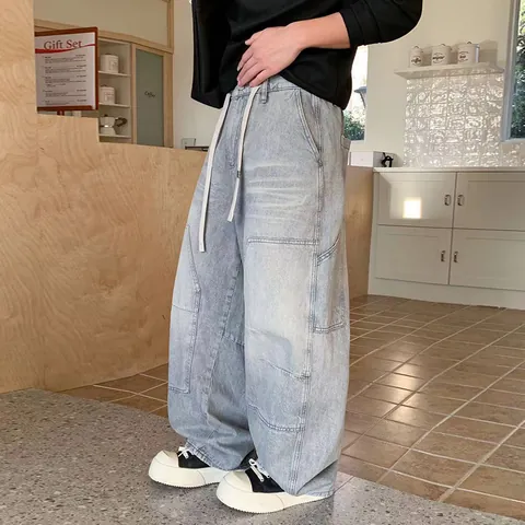 Men American Street Harajuku Washed Whisker Denim Jeans Baggy Straight Leg Carpenter Pants Drawstring Retro Cotton Bottoms