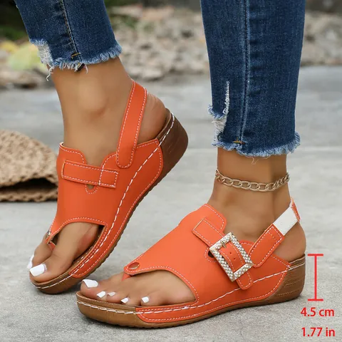 Women Summer Fashion Wedge Sandals Plus Size Rhinestone Square Buckle Toe-Loop Elastic Strap Comfortable PU Leather Sandals