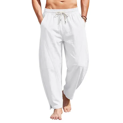 Men's Casual Cotton Linen Patchwork Harem Pants Summer Beach Drawstring Trousers Loose Fit Lightweight Daily Bottom Wear