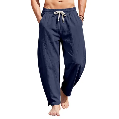 Pantaloni Harem Uomo Hip Hop Casual in Cotone Lino Patchwork Estivi Traspiranti a Gamba Larga Con Spacco sul Fondo Spiaggia