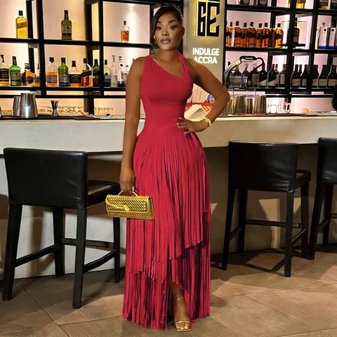 Robe Maxi Femme Sexy Une Épaule à Franges Élégante Couleur Unie Coupe Ajustée Robe de Soirée Mariage Fête Robe Bodycon