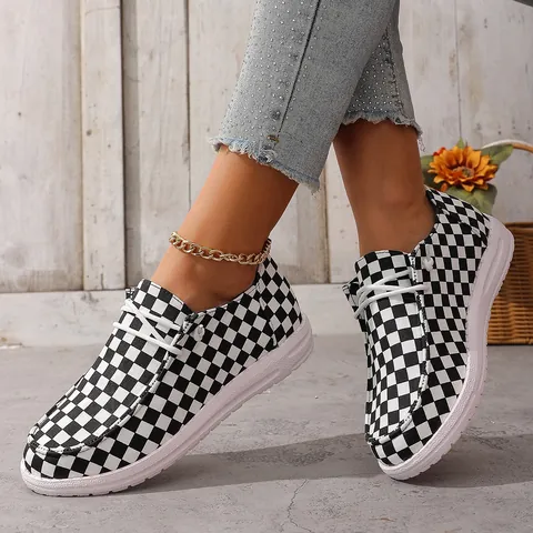 Women's Checkerboard Canvas Slip-on Flats Casual Lazy Shoes Breathable Round Toe Adhesive Sole Fashion Sneakers For Daily Wear