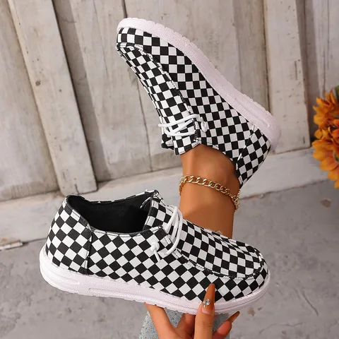 Women's Checkerboard Canvas Slip-on Flats Casual Lazy Shoes Breathable Round Toe Adhesive Sole Fashion Sneakers For Daily Wear