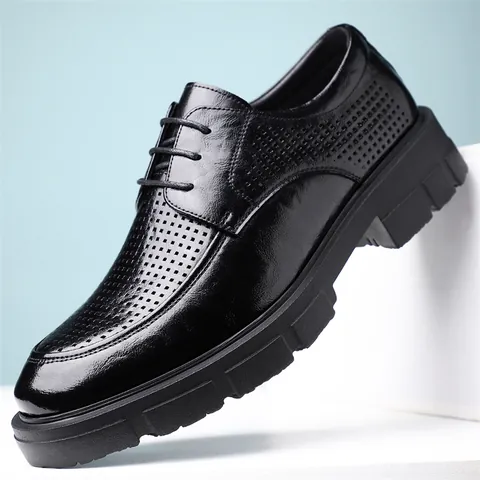 Men's Business Formal Leather Shoes Breathable Hollow Out Design Lace-up Dress Shoes For Office Wedding Height Increasing Shoes