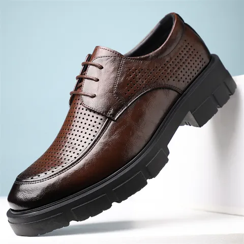 Men's Business Formal Leather Shoes Breathable Hollow Out Design Lace-up Dress Shoes For Office Wedding Height Increasing Shoes