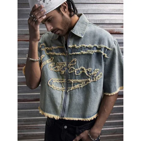 Men Frayed Edge Denim Shirt Jacket With Front Zipper Distressed Raw Hem Cotton Embroidered Casual Long Sleeve Top
