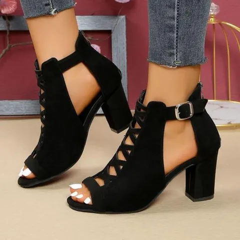Women Fashion Chunky High Heel Sandals Peep Toe Back Zipper Artificial Suede Rhinestone PVC Floral Print Wedding Party Dress Shoes