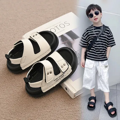 Summer New Children Sandals Boys Girls Casual Open Toe Beach Shoes With Rivet Hook-and-loop PU Leather Sport Sandals For Kids