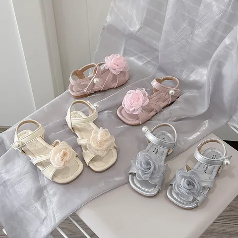 Sandali a Fiori per Bambina Suola Morbida Scarpe da Spiaggia Principessa Stile Coreano in PU Con Decorazione di Perle Artificiali