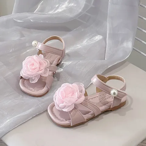 Sandali a Fiori per Bambina Suola Morbida Scarpe da Spiaggia Principessa Stile Coreano in PU Con Decorazione di Perle Artificiali