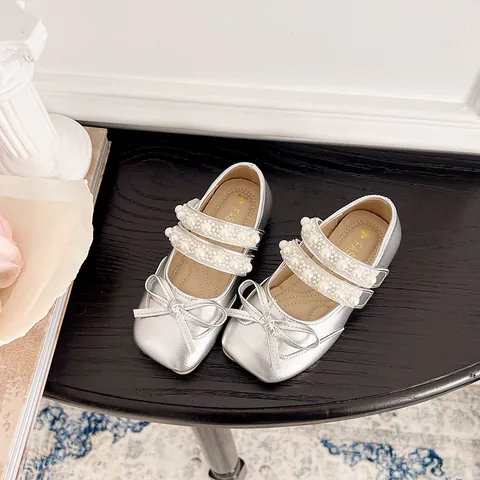 Mädchen Ballett Prinzessinnen Schuhe Süße Künstliche Perle Schleife Flache Schuhe Glänzendes Silber Gold PU Leder Kinder Party Hochzeit Einzelschuhe
