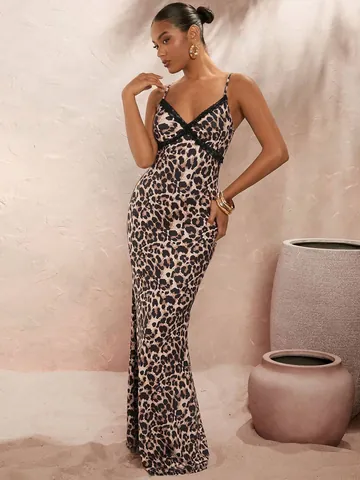 Women Leopard Polka Dot Print V-Neck Lace Maxi Dress Sexy Spaghetti Strap Sleeveless Slim Fit Party Evening Long Sundress