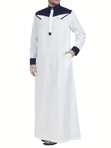 Men Traditional Muslim Thobe Robe Middle Eastern Ethnic Standing Collar Buttoned Contrast Color Block Loose Kaftan Robe