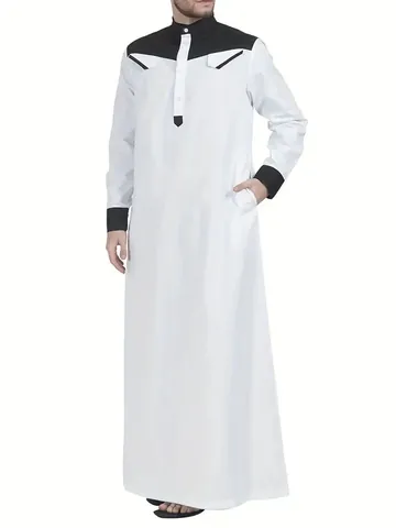 Men Traditional Muslim Thobe Robe Middle Eastern Ethnic Standing Collar Buttoned Contrast Color Block Loose Kaftan Robe