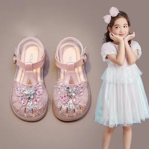 Sparkly Girls Princess Sandals Soft Sole Bow Rhinestone Crystal-Look Summer Party Shoes For Toddler Kids Pink Beige