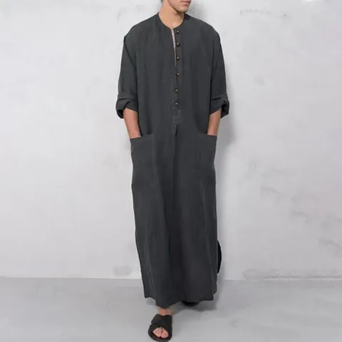 Uomo Tunica Lunga Etnica in Cotone Kaftan Colletto alla Coreana Manica Lunga Thobe Con Tasche Casual Sciolto Tinta Unita Camicia Araba Maxi