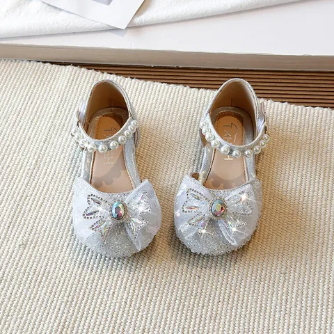 Girls Princess Sandals Glitter Bow Rhinestone Mary Jane Shoes With Pearl Strap Summer Non-slip Soft Sole Kids Dress Shoes