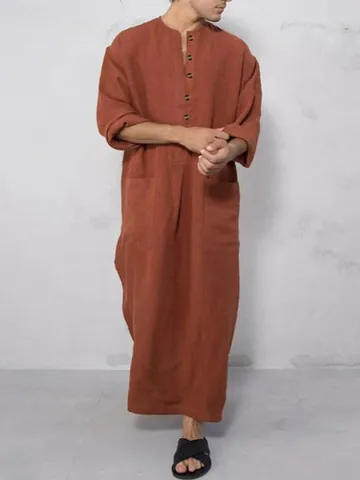 Men's Traditional Cotton Robe Long Sleeve Stand Collar Loose Fit Kaftan Thobe Ethnic Casual Solid Color Robe With Pockets