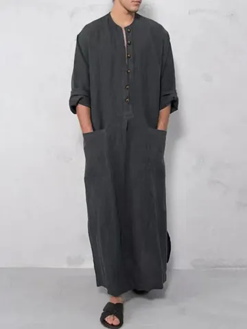 Men's Traditional Cotton Robe Long Sleeve Stand Collar Loose Fit Kaftan Thobe Ethnic Casual Solid Color Robe With Pockets