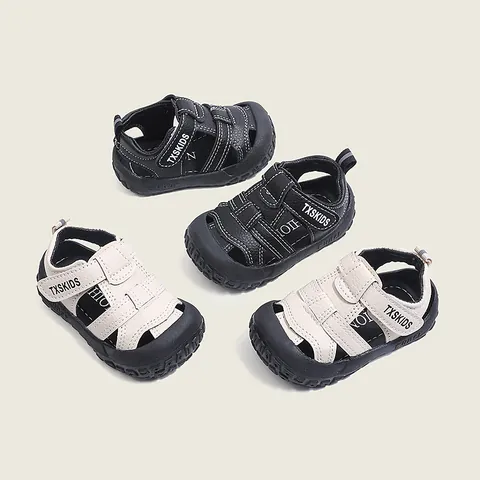 Toddler Kids Closed Toe Beach Sandals Anti-slip Soft Sole Summer Shoes For Boys Girls PU Leather Hook And Loop Beige Black